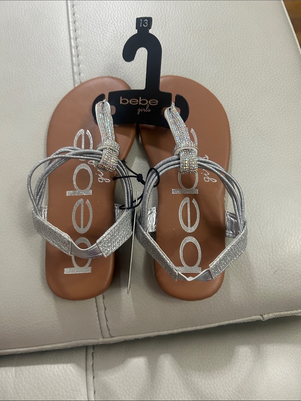 bebe Girls Silver Glitter T-Strap Sandals